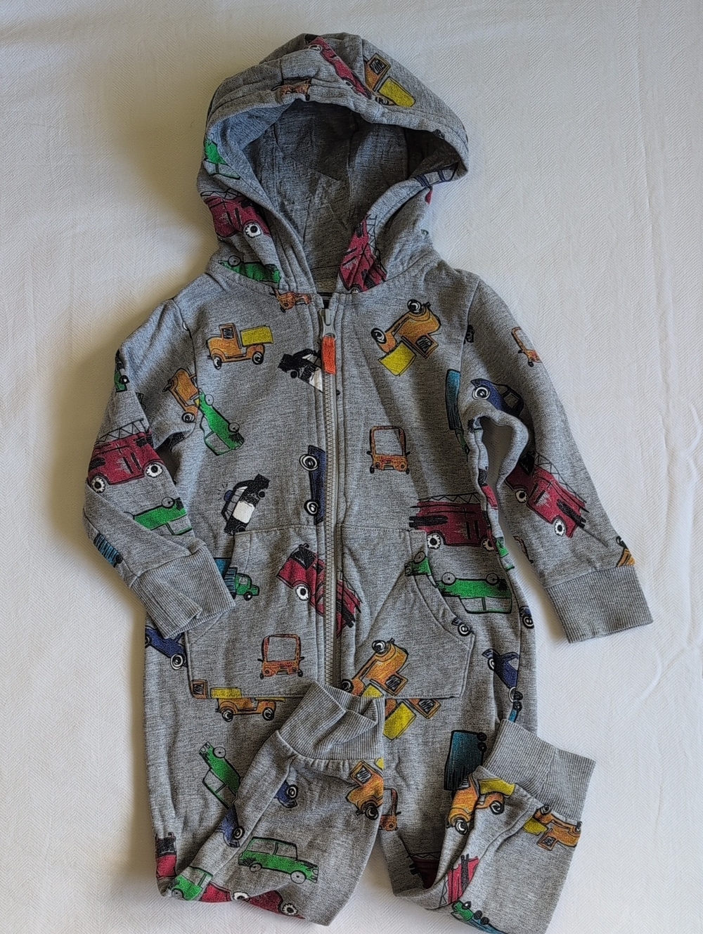 Next UK Toddler Boys Hooded Fleece Jumpsuit Cars Trucks Romper One Piece 2T 3T